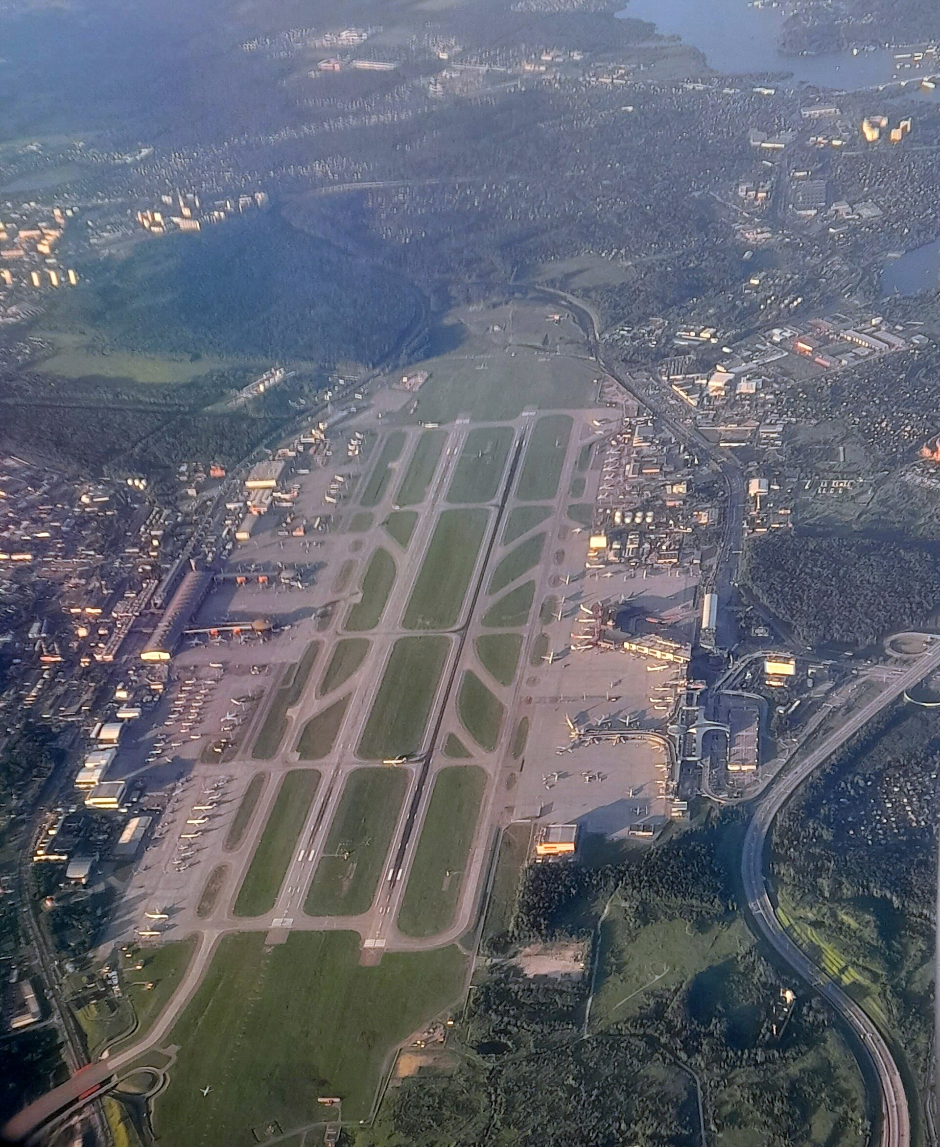 Moscow airports shut down drones — aerial view of Sheremetyevo International Airport runways and terminals, Moscow, in 2024