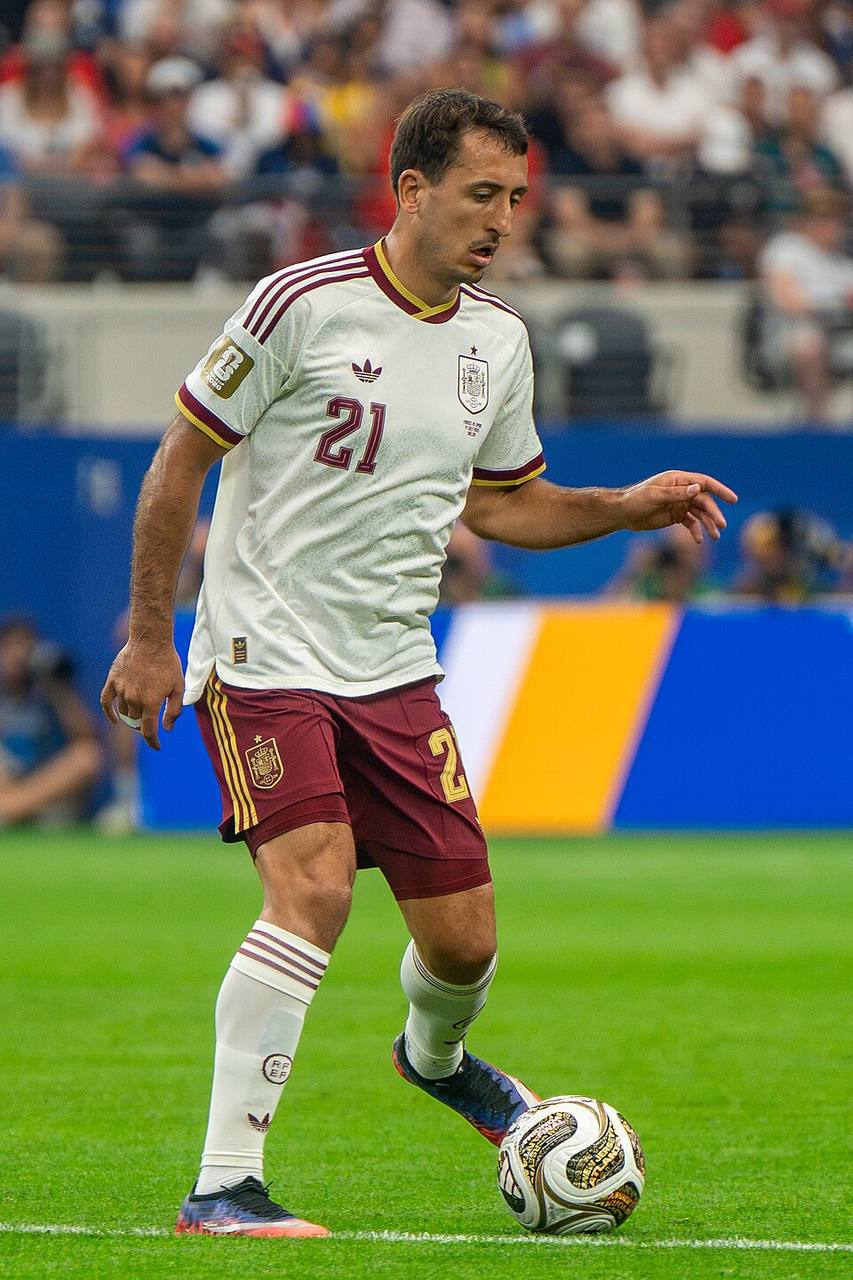 Mikel Oyarzabal in Spain colours at the 2026 FIFA World Cup — his 74th-minute chip decided the Nations League thriller at Wembley