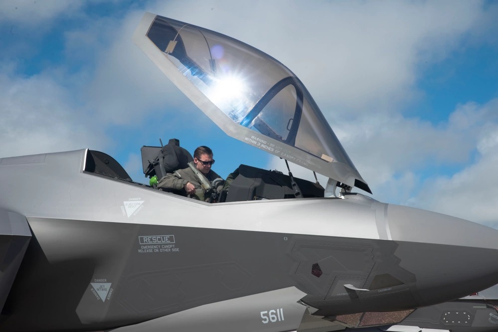 F-35A cockpit with its bubble canopy raised, illustrating the type of canopy component in the diverted shipment