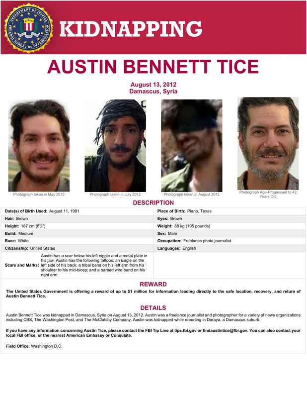 FBI wanted poster for Austin Tice, the American journalist missing in Syria since 2012