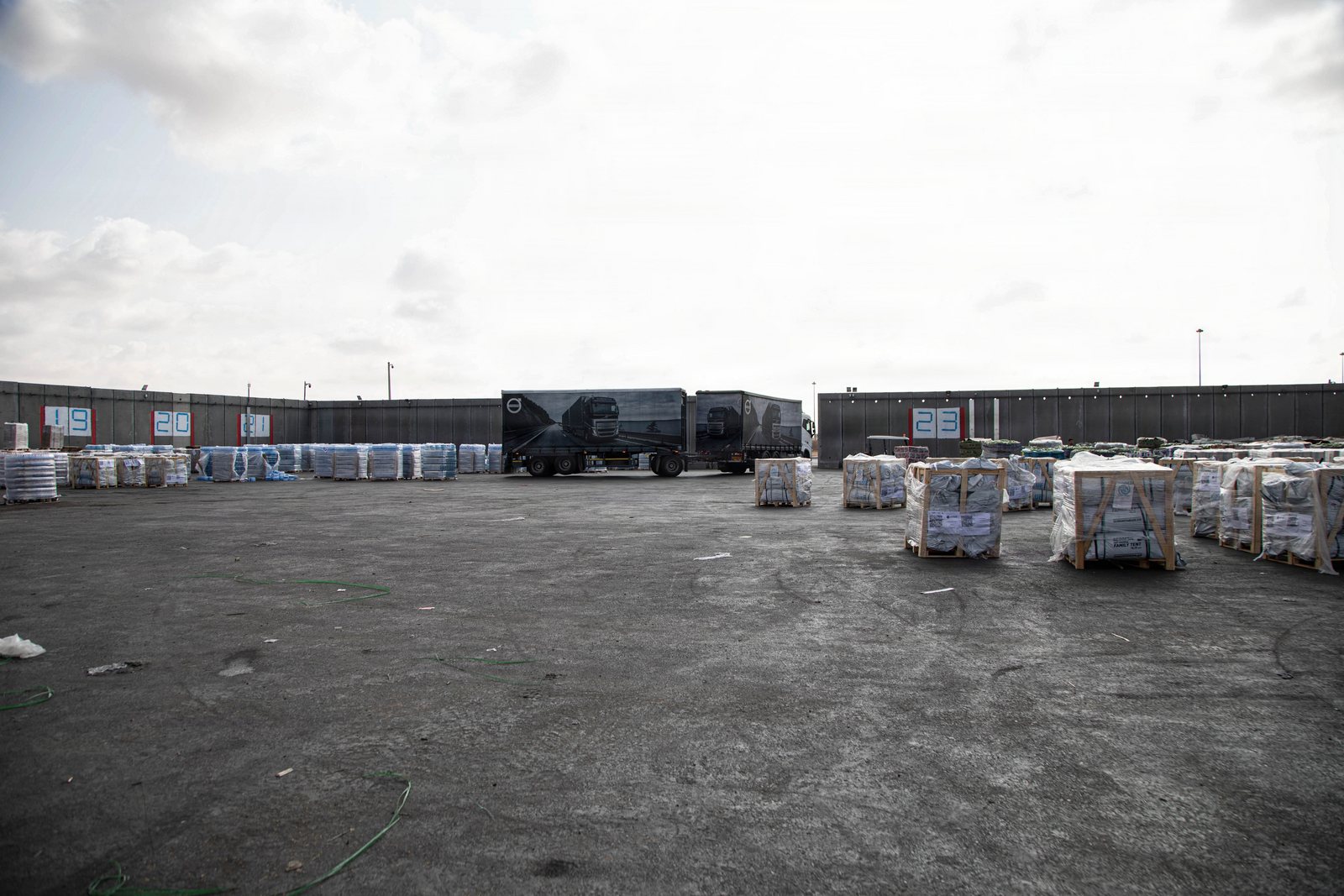 Humanitarian aid staged at the Kerem Shalom crossing point, a key logistics corridor for Gaza relief
