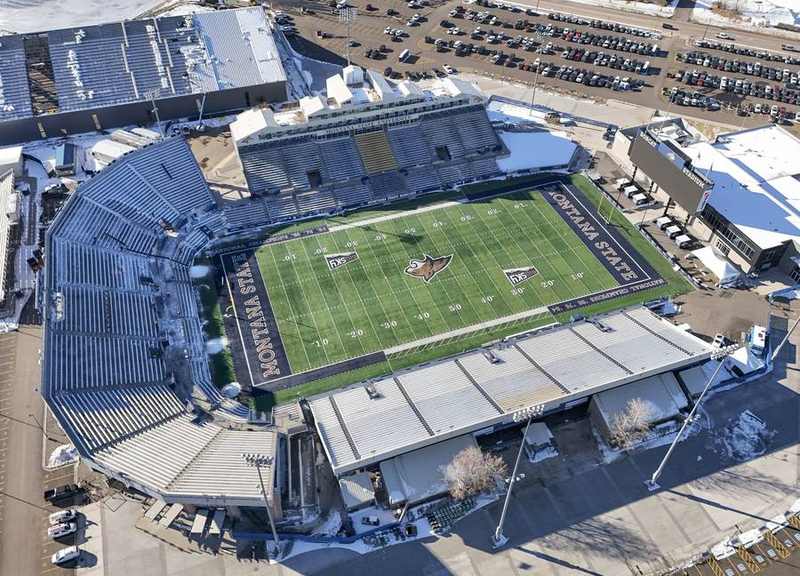 Aerial view of Bobcat Stadium in Bozeman, home of the Montana State Bobcats, whose 19-game win streak ended with a 35-34 loss at Idaho