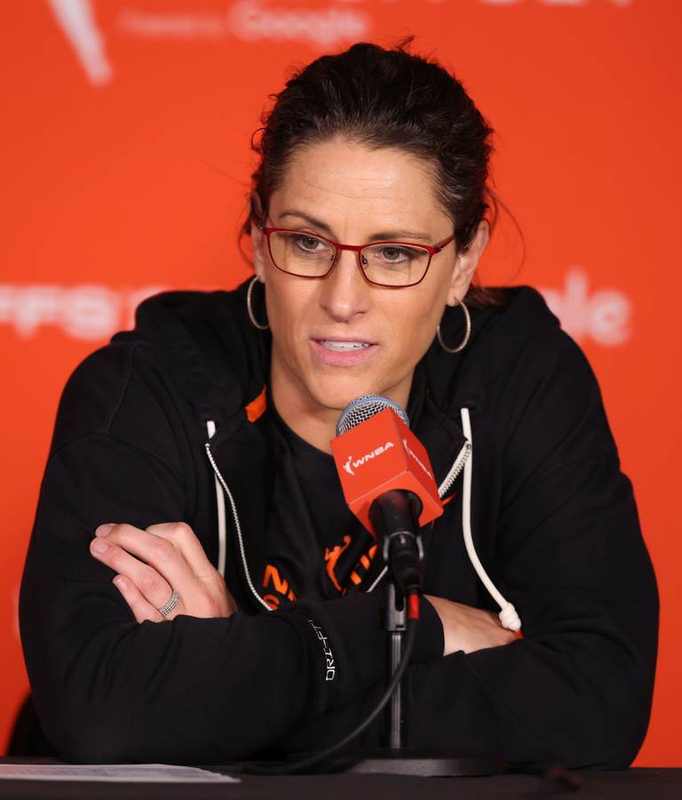 Stephanie White speaking at a WNBA news conference before the Indiana Fever coaching decision for 2027