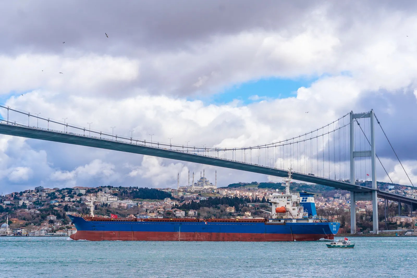 Bulk carrier passing under a Bosphorus bridge in Istanbul