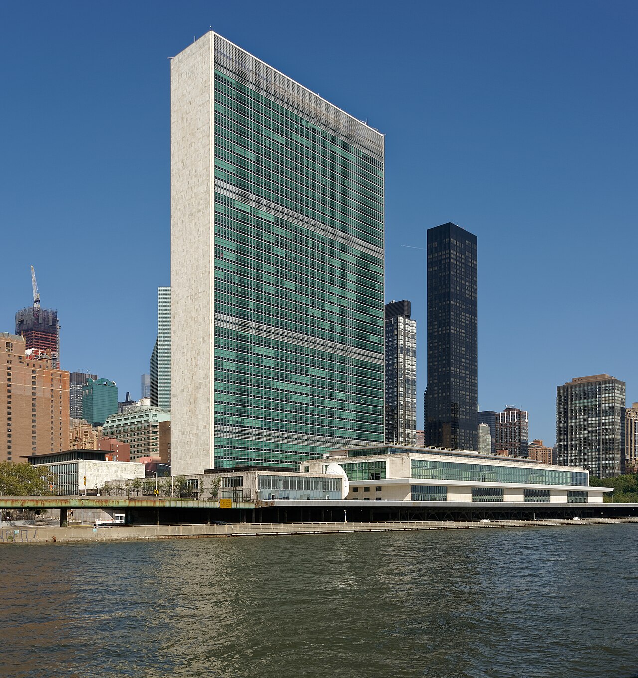 The United Nations Headquarters on the East River in New York City, viewed from across the river