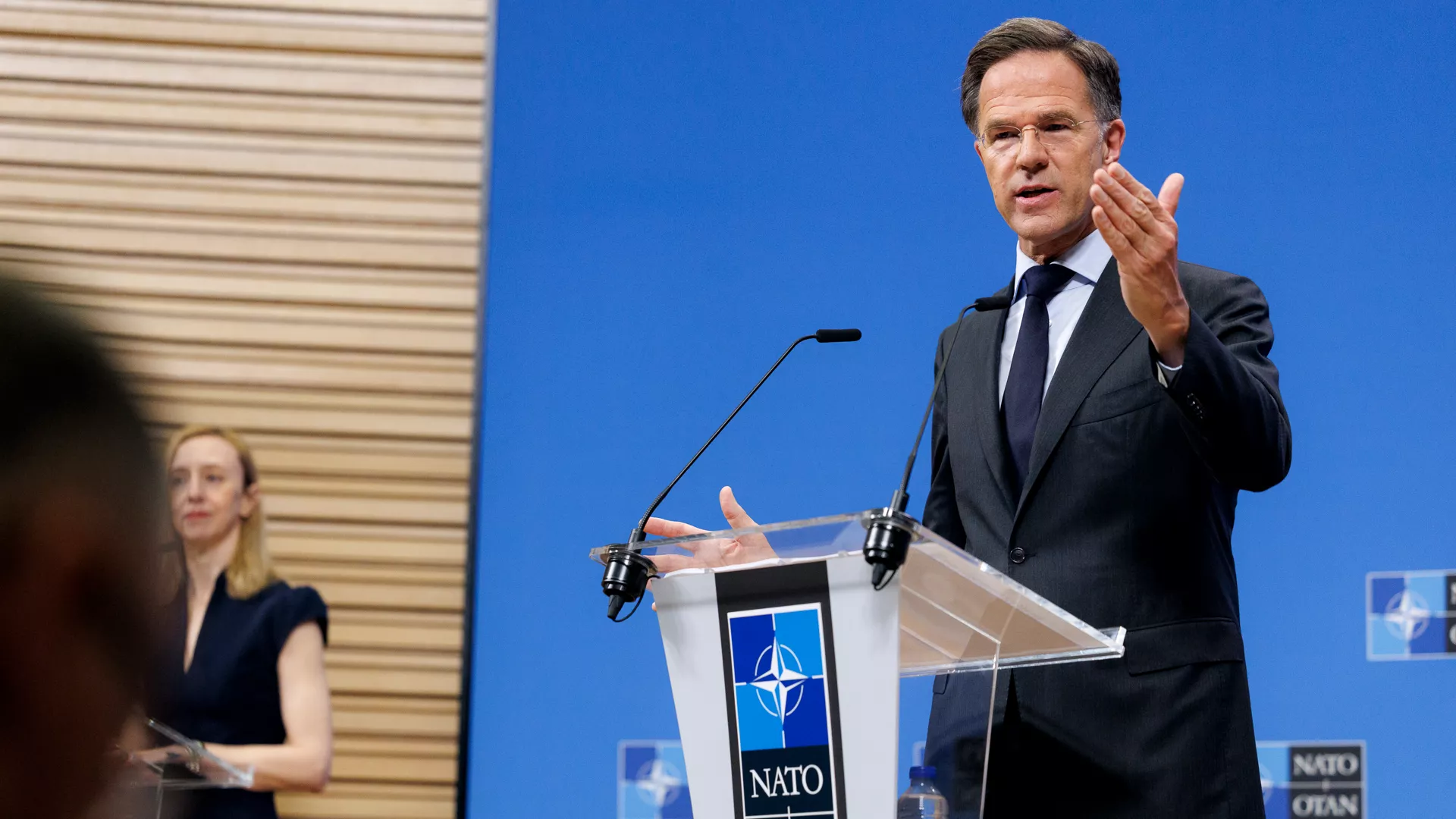 NATO Secretary General Mark Rutte at a press conference on the alliance's nuclear deterrence posture