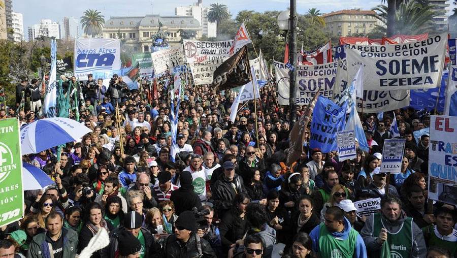 Crowds of demonstrators marching through Buenos Aires during the March of Anger protest against President Milei's policies