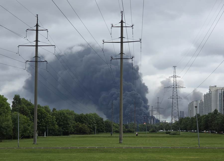 Black smoke rising from the Moscow oil refinery after a Ukrainian drone strike in June 2026