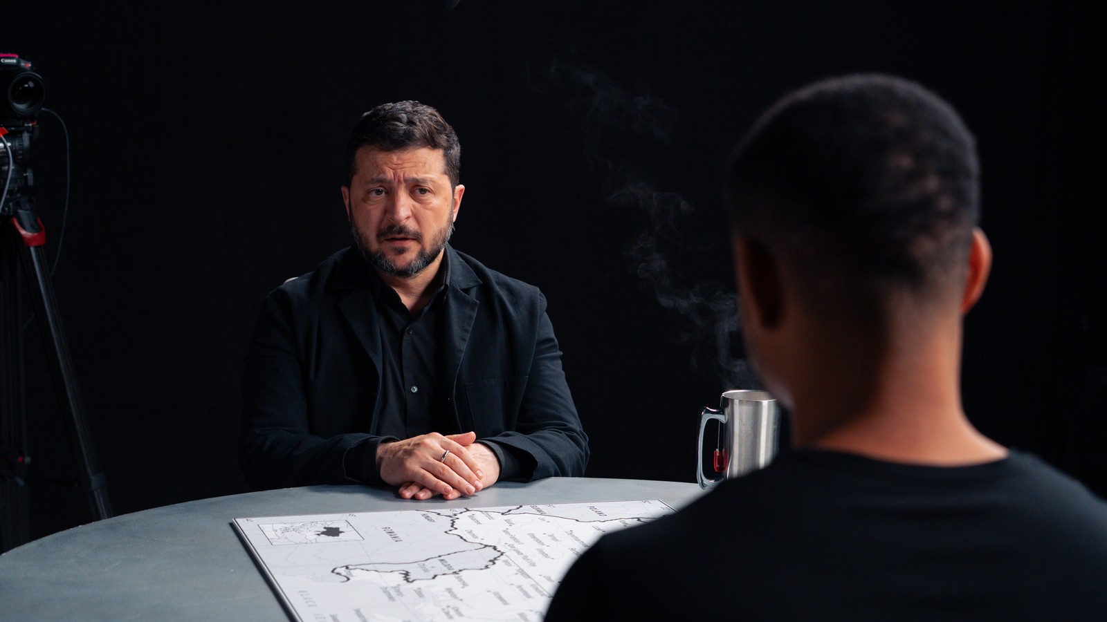 Steven Bartlett interviewing President Zelenskyy across the table on The Diary Of A CEO — Zelenskyy Diary of a CEO episode