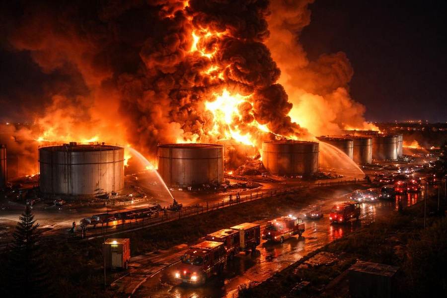 Night fire at an oil storage depot with firefighters responding &mdash; the Krasnodar oil depot drone strike on the Edelweiss-95/Pavlovskaya facility, September 28, 2026