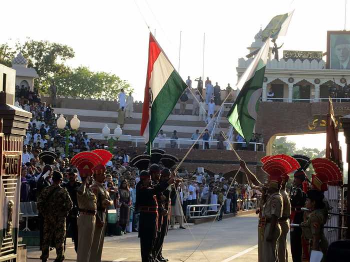Indian and Pakistani flags above the Wagah-Attari crossing as India Pakistan border tensions rise in October 2026