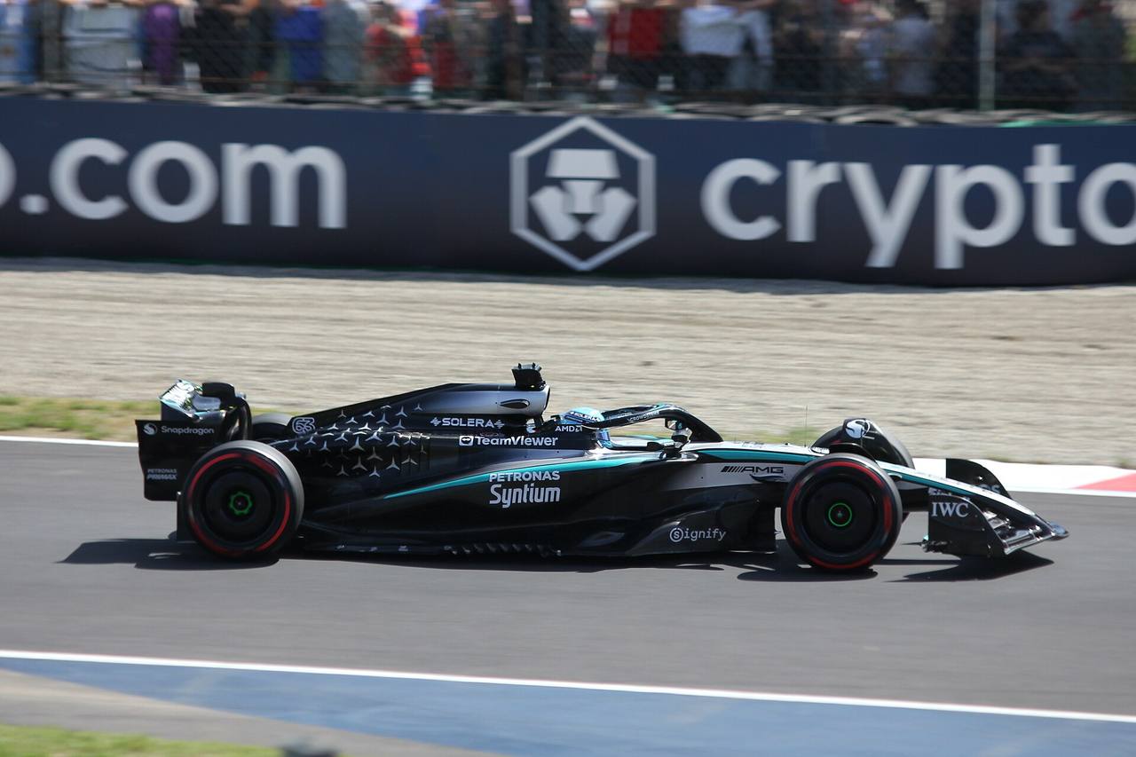 George Russell's #63 Mercedes on track — the Briton won the 2026 Azerbaijan Grand Prix in Baku, beating Max Verstappen by 0.196 seconds