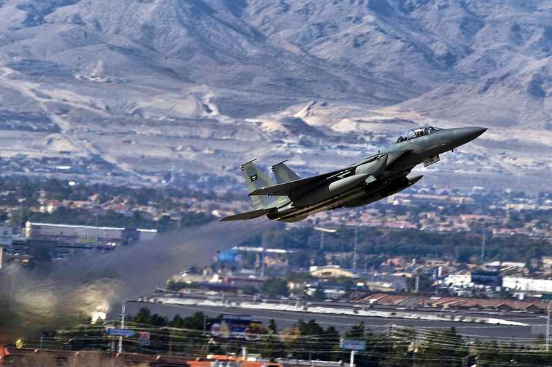 Royal Saudi Air Force F-15 Strike Eagle taking off during a 2012 training exercise in Nevada