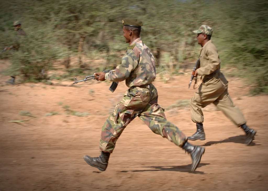 Ethiopian National Defense Force soldiers during a training exercise; Sudan's army has rejected Ethiopian army chief Birhanu Jula's claim that Khartoum backs armed opposition groups in Ethiopia