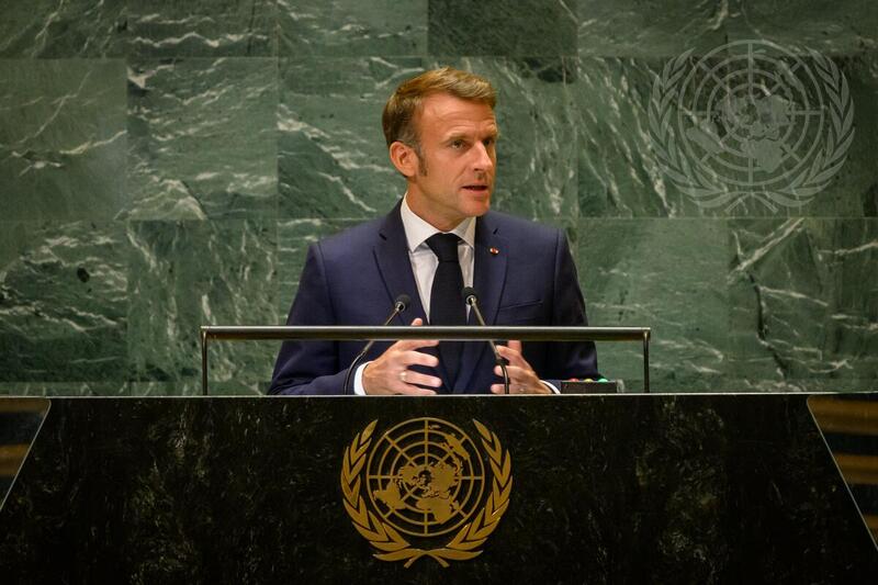 French President Emmanuel Macron addressing the United Nations General Assembly in an earlier session