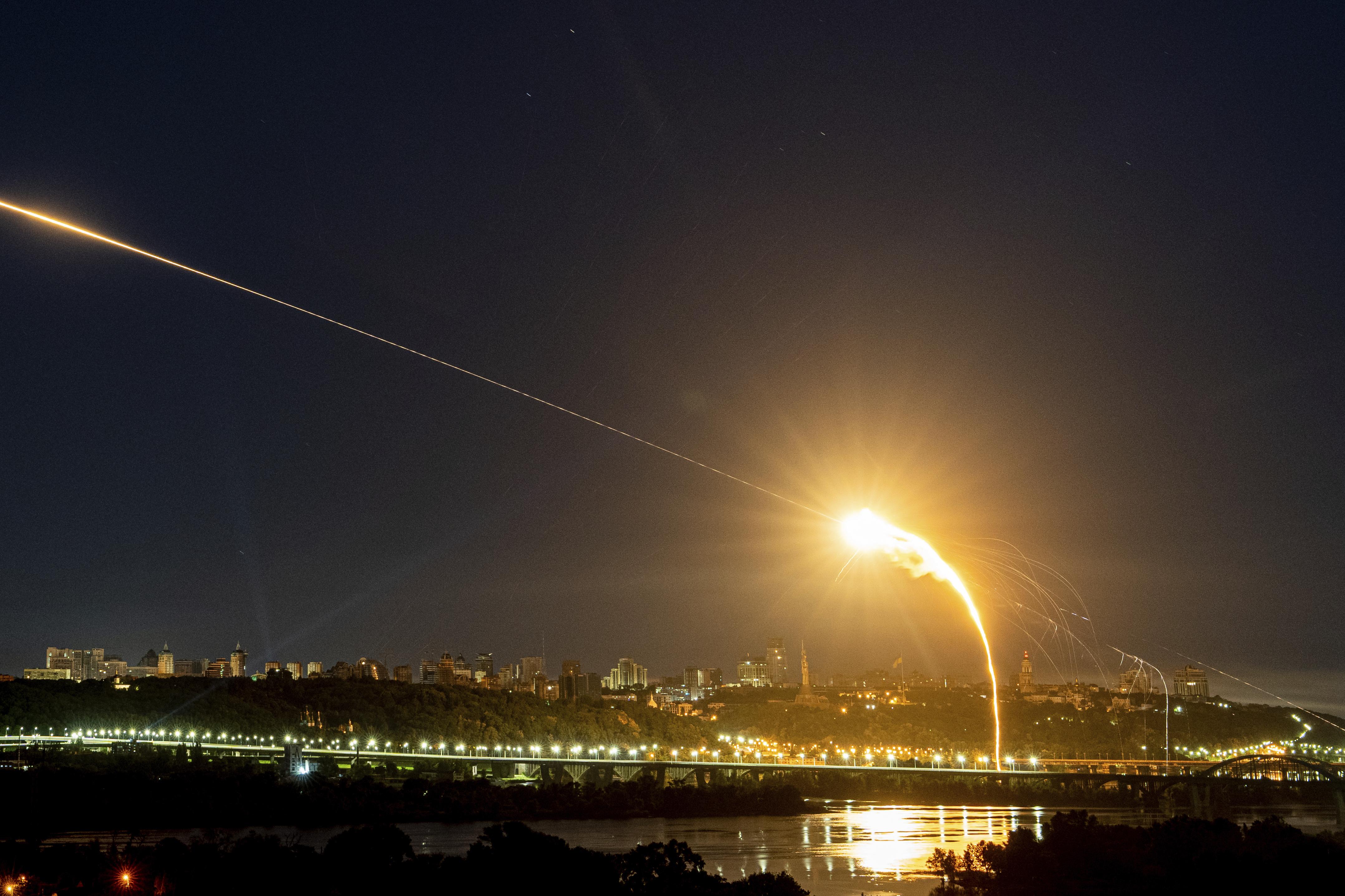 Air-defense fire over Kyiv illustrating the expanding Ukraine Russia drone war in October 2026