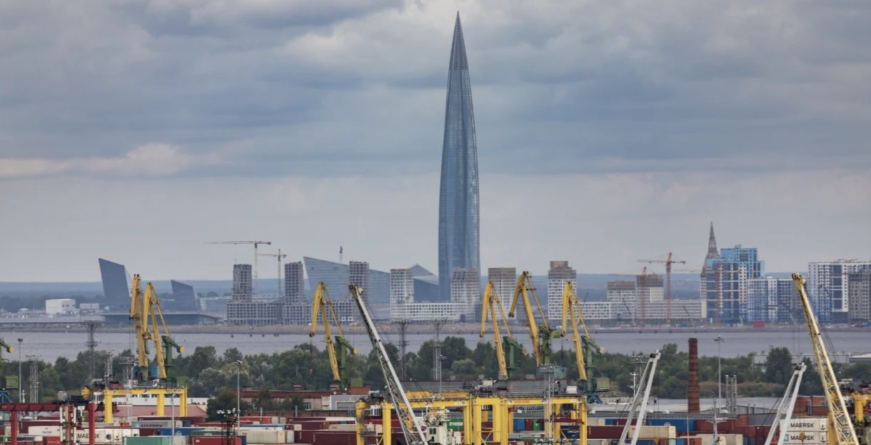 The port of St Petersburg, Russia, with cargo cranes and the Lakhta Center tower — the city's oil terminal was hit by fire during the overnight drone wave, file photo