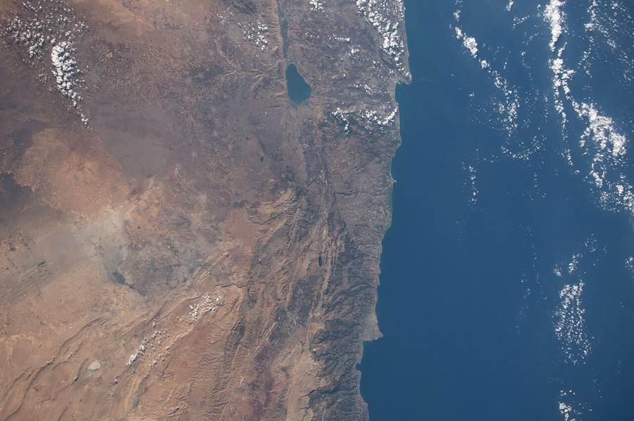 NASA orbital view of Lebanon and the eastern Mediterranean showing the narrow geography of the south Lebanon displacement crisis