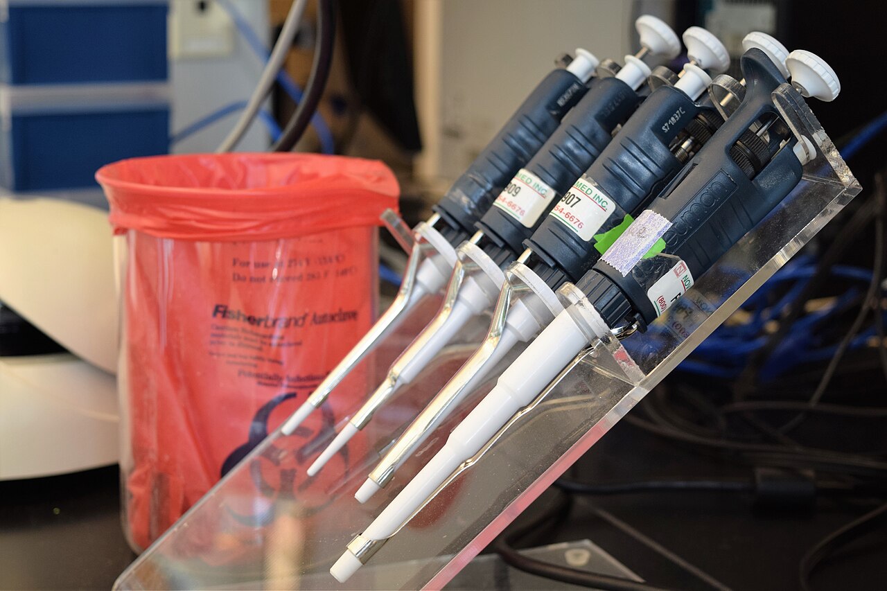 Laboratory pipettes in a research laboratory, illustrating the biomedicine and gene therapy entries in China AI export controls October 2026