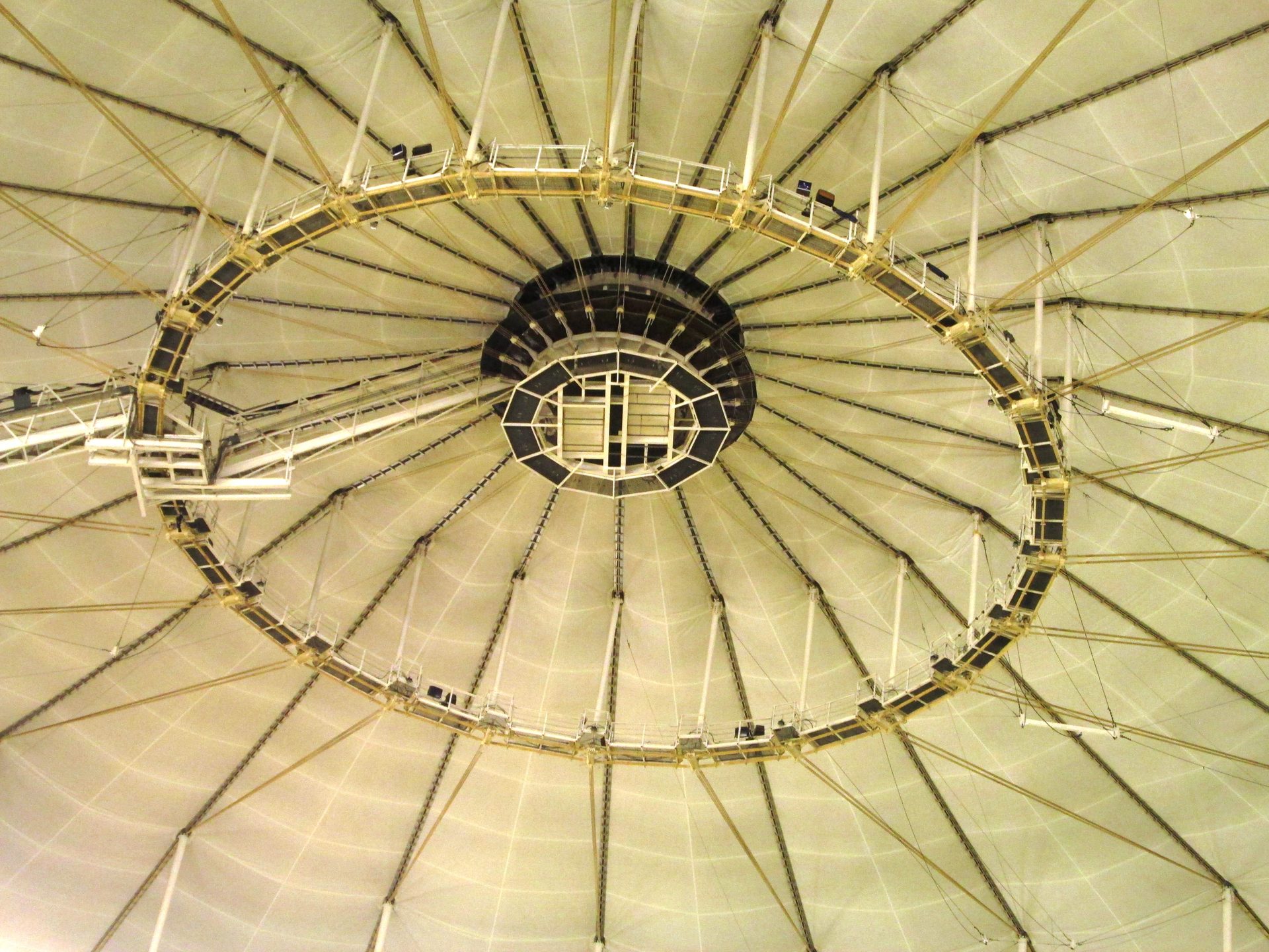 The fixed dome roof and catwalks of Tropicana Field in St. Petersburg, home of the Tampa Bay Rays