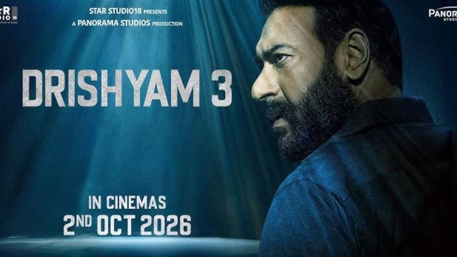 Ajay Devgn and Drishyam 3 cast imagery for the thriller’s October 2026 release