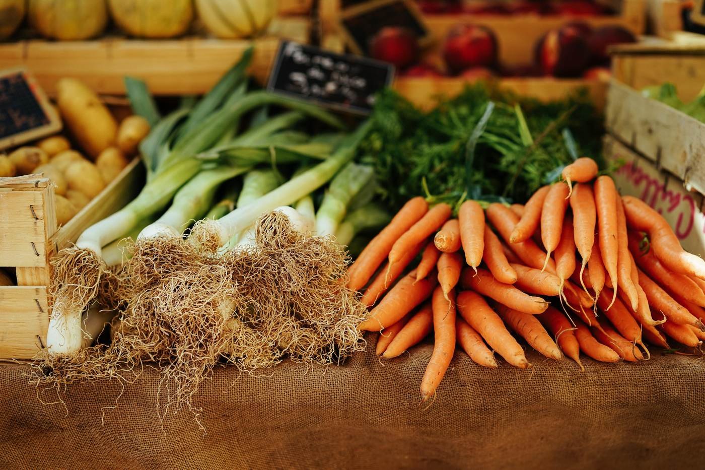Fresh carrots and leeks displayed at a farmers market