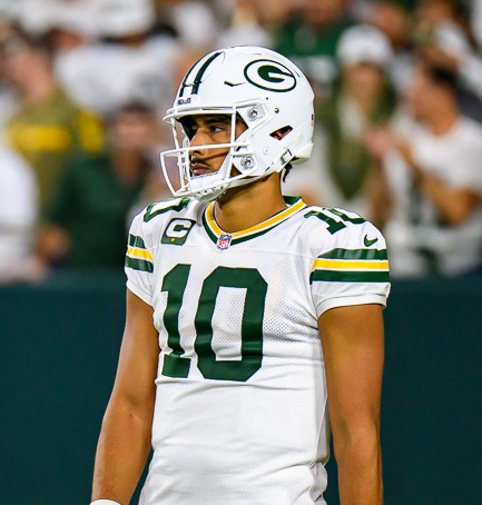 Jordan Love in his Green Bay Packers away uniform — 274 yards and two touchdowns in the Lions Packers final score of 20-17 at Ford Field