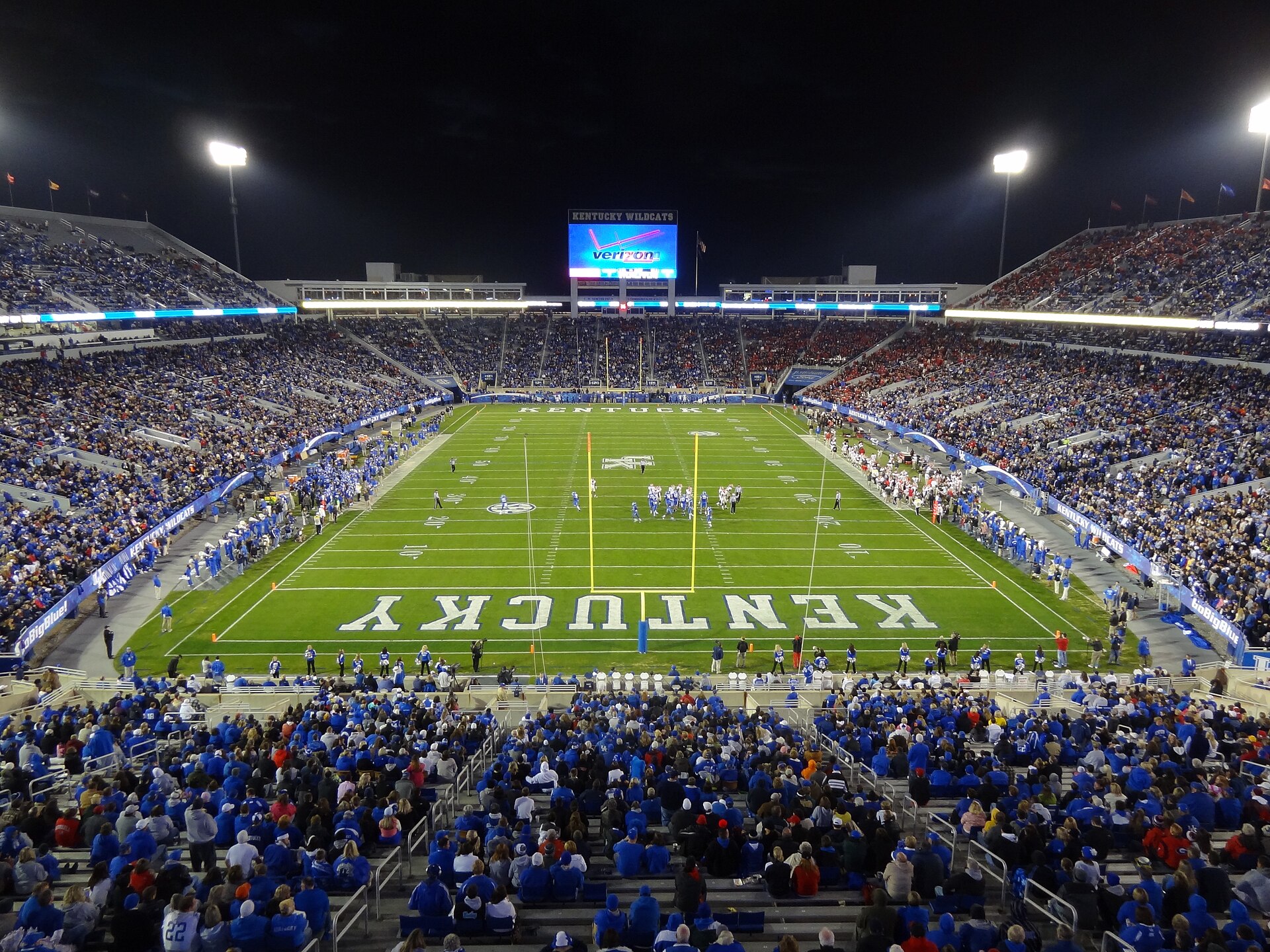Kentucky's home stadium in Lexington during a night game, the setting for Kentucky's comeback win over Vanderbilt