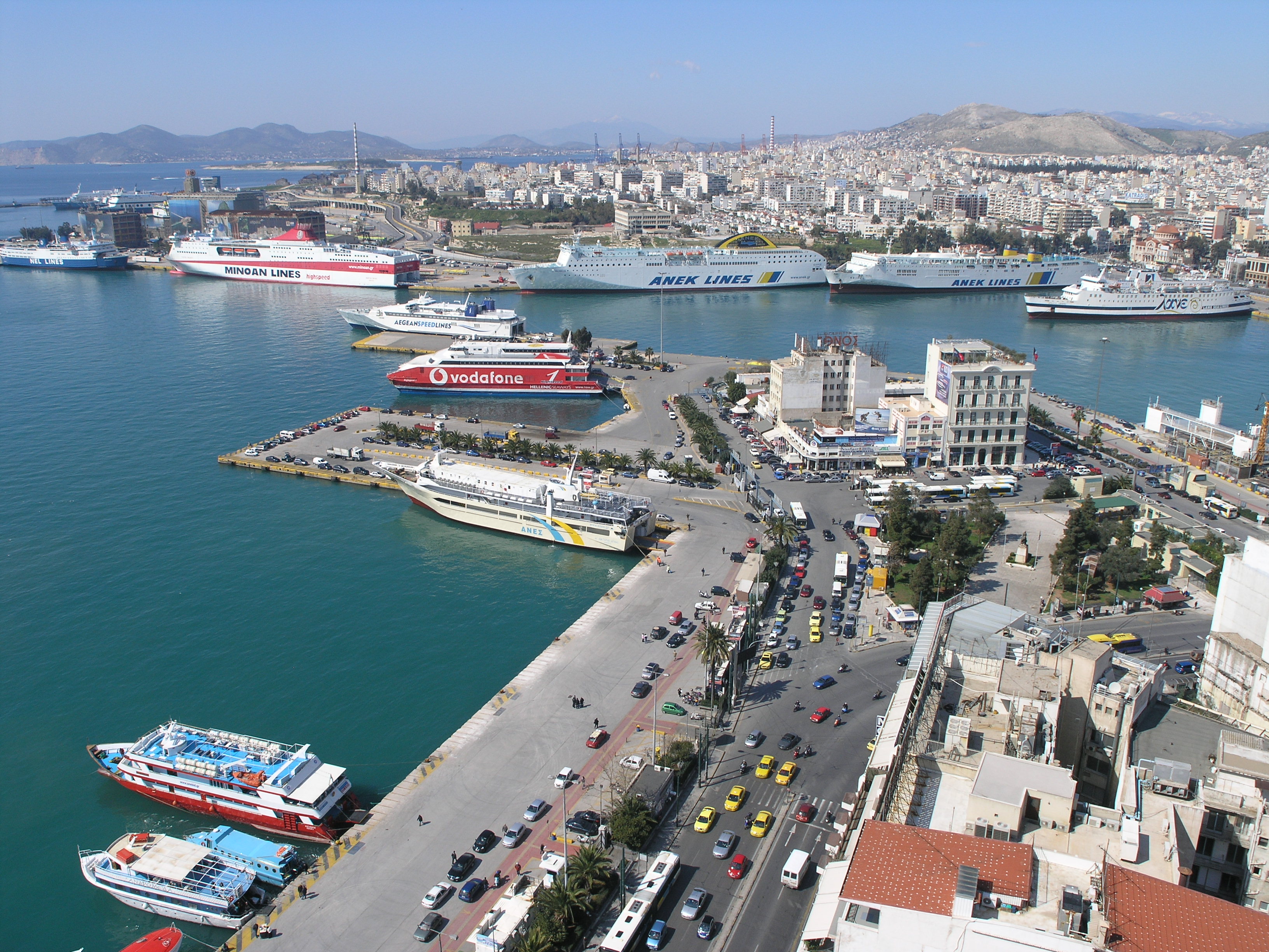 Panoramic view of the Port of Piraeus in Greece, with ferries berthed along the harbour at one of the ports where dockworkers plan to strike on Friday over arms shipments