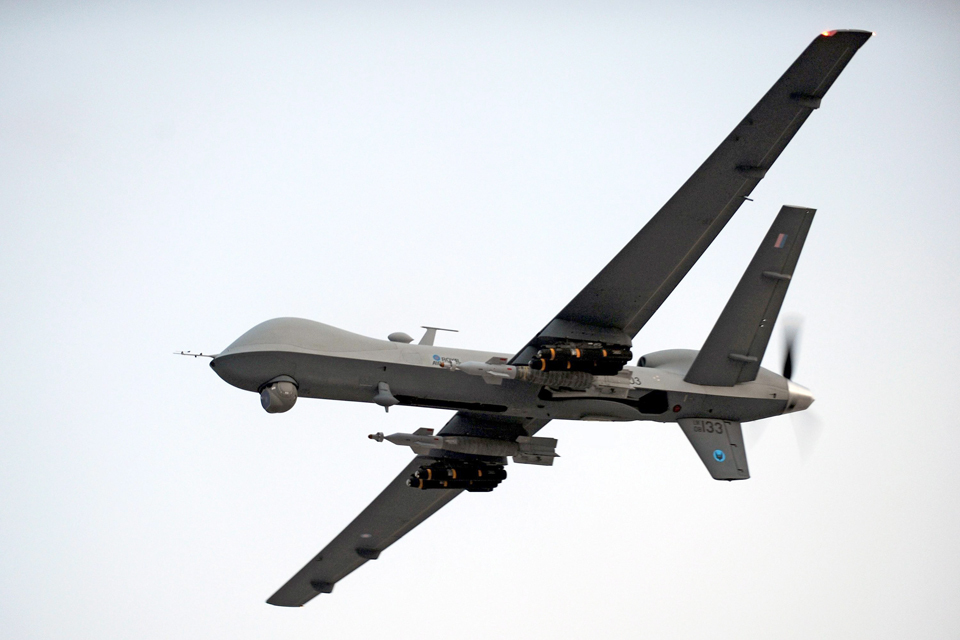 A Royal Air Force Reaper remotely piloted aircraft in flight, illustrating Britain's military drone development