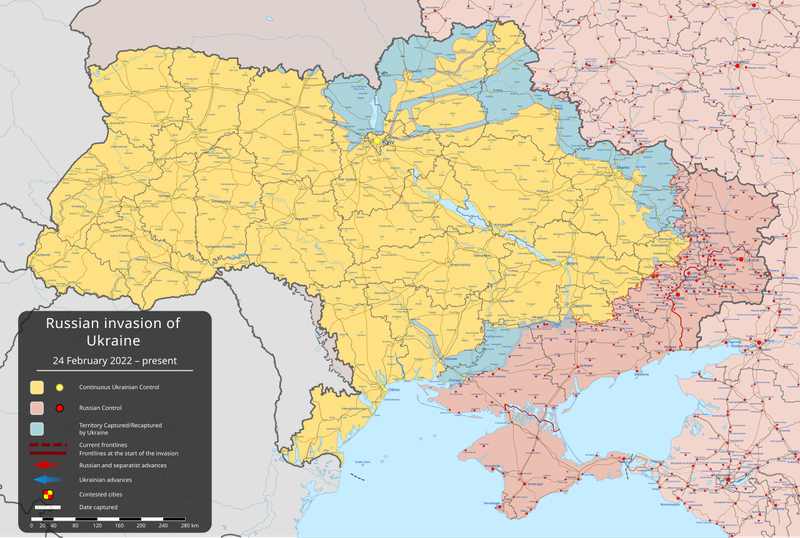 Map of military control in Ukraine showing the largely static front lines of the war Rubio called a stalemate