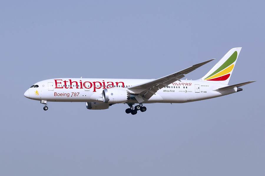 An Ethiopian Airlines Boeing 787-8 Dreamliner — the airline suspended flights to Mekelle, Axum and Shire after the Tigray fighting began.