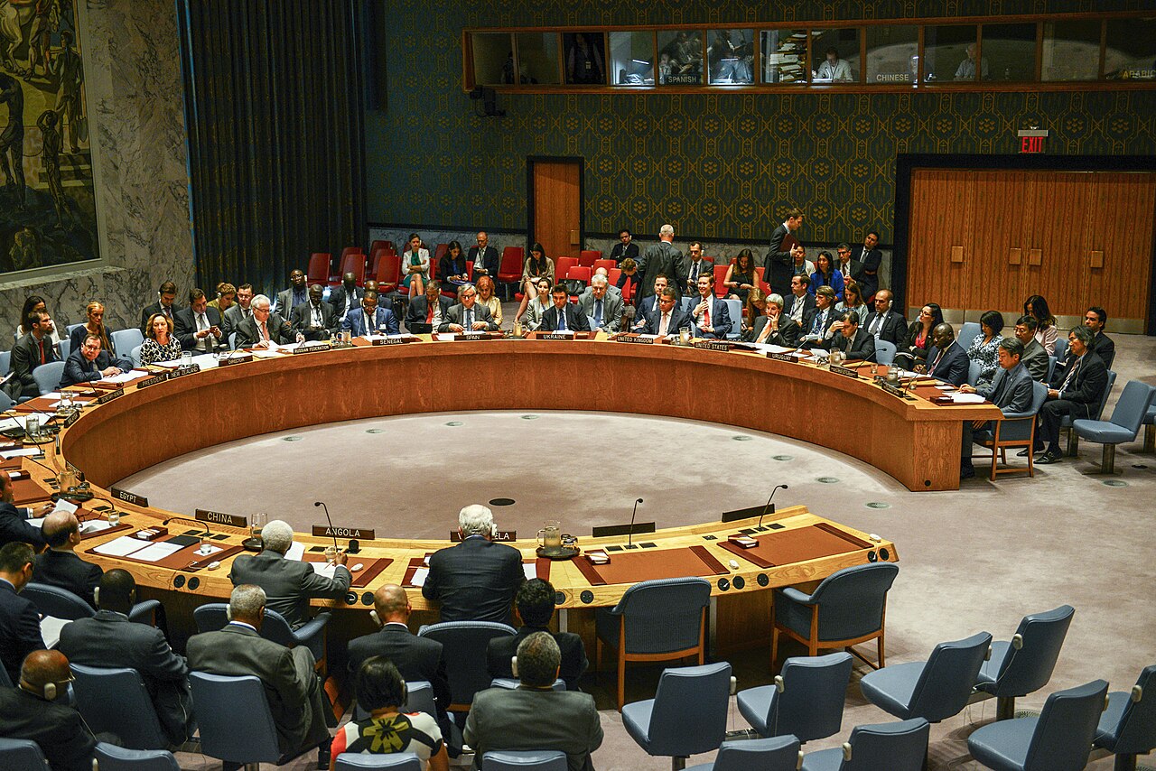 The UN Security Council chamber in New York during a meeting — the 15-member Council recommends the next UN secretary general, and a candidate needs nine votes with no permanent-member veto