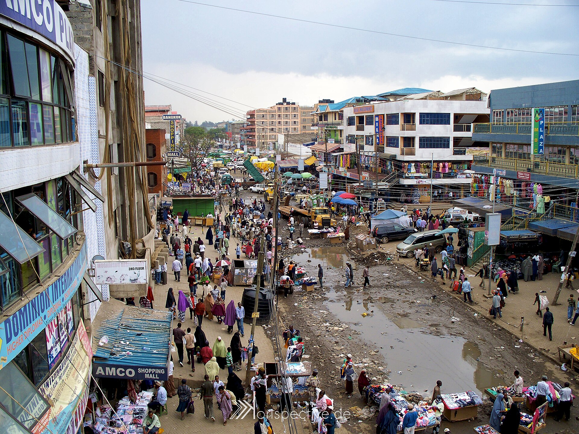 Nairobi building collapse — a crowded Eastleigh market street in Nairobi, the dense commercial district where a building under construction collapsed on Yusuf Haji Avenue
