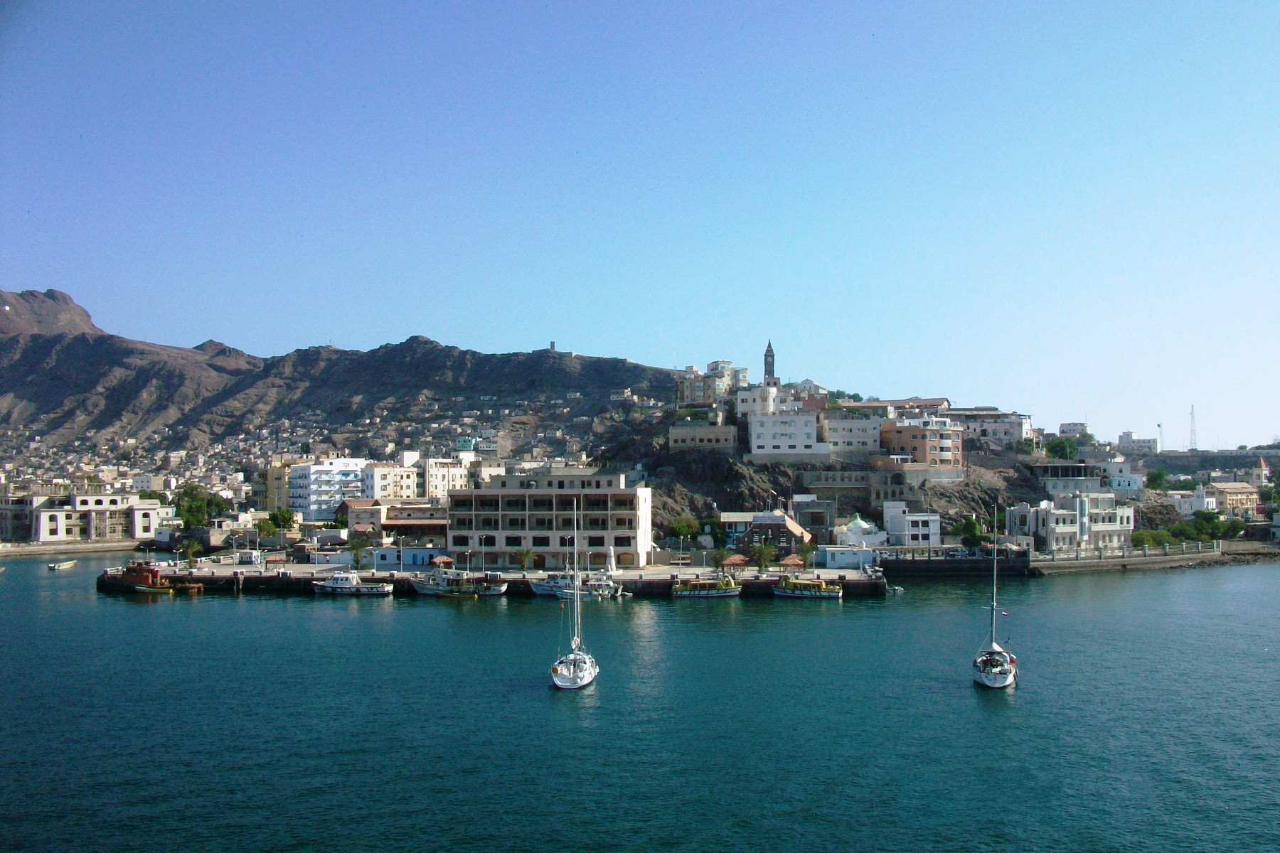 Aden's harbour and the Crater district waterfront in Yemen, below the rocky heights where Al-Maashiq Palace sits — Houthi attack Aden presidential palace file photograph