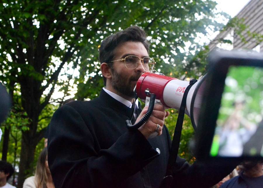 Streamer Hasan Piker speaking at a public event — he joined a 'from the river to the sea' chant at Cornell's Sage Chapel on September 24, 2026.