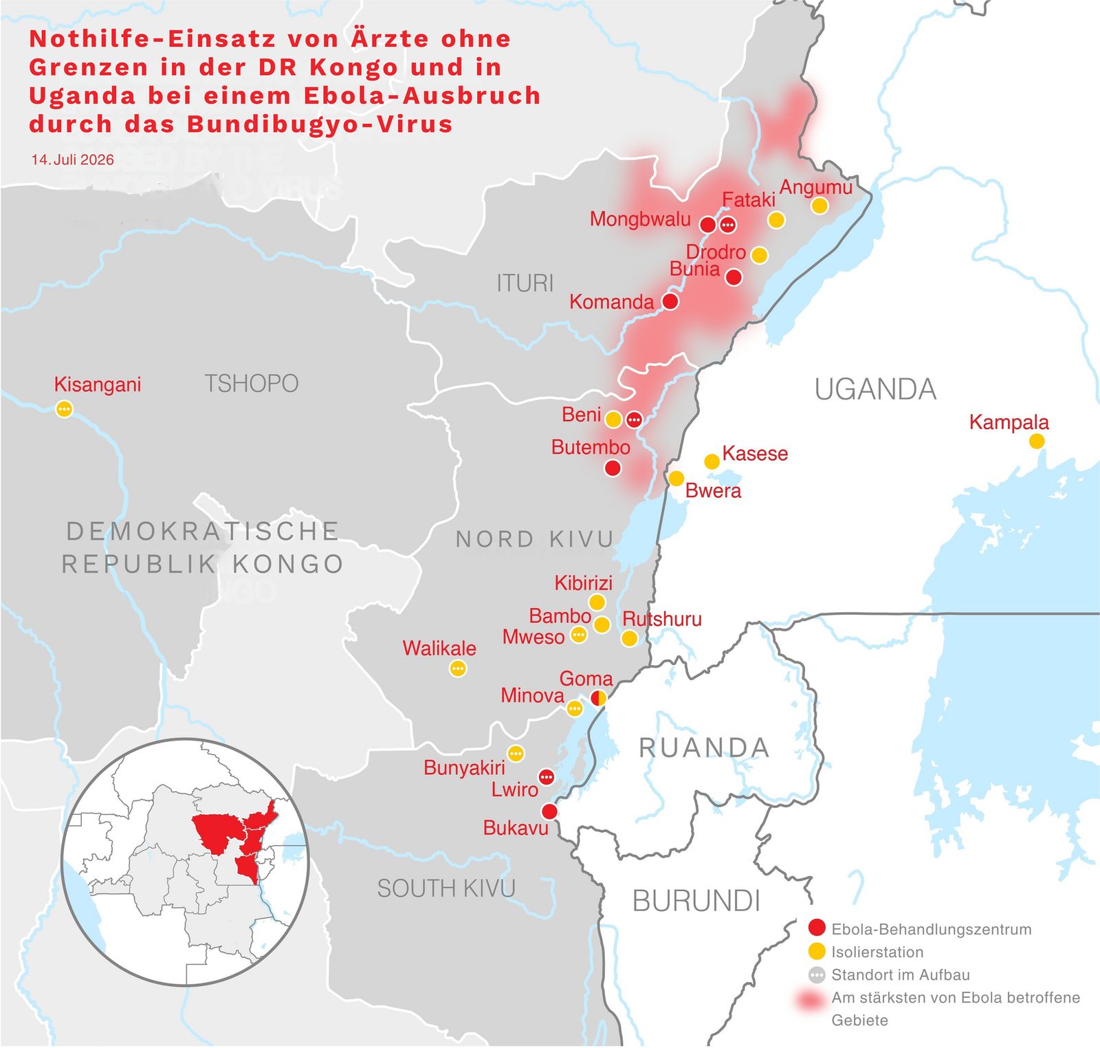 Map of the Médecins Sans Frontières emergency Ebola response in DR Congo and Uganda, showing Ebola treatment centres and isolation stations across Ituri, North Kivu and South Kivu during the Bundibugyo Ebola outbreak