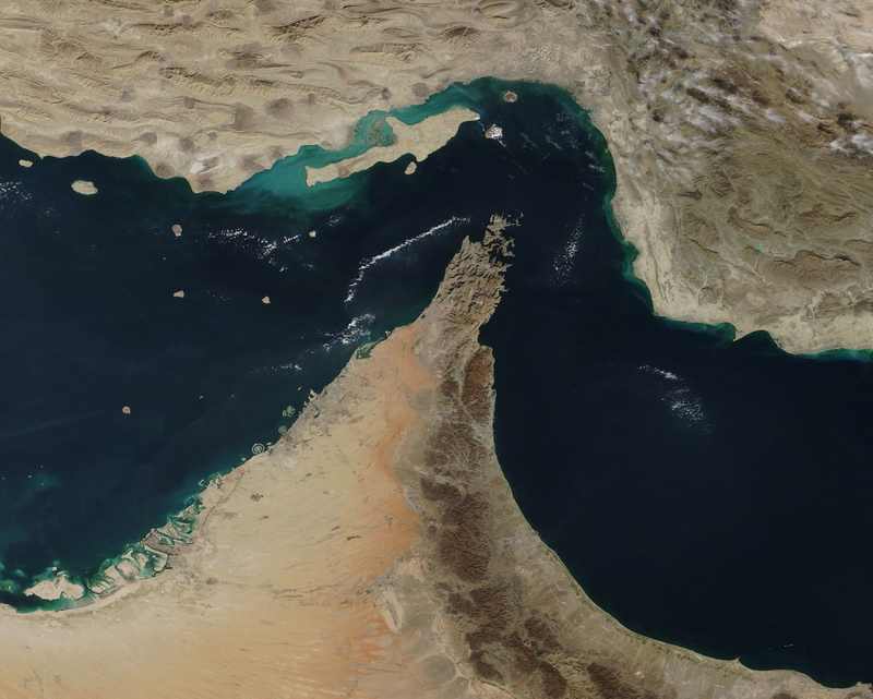 NASA satellite view of the Strait of Hormuz and Musandam Peninsula, where the On Peace tanker was attacked