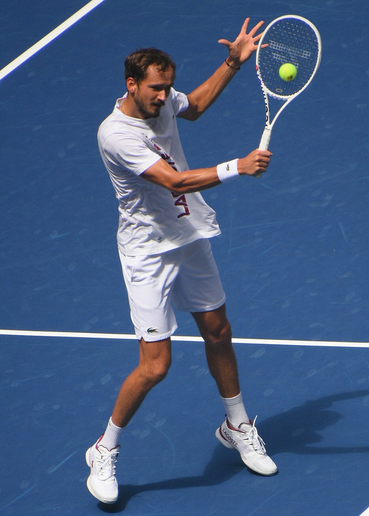 Daniil Medvedev playing a forehand at the US Open, where he won his only Grand Slam title in 2021