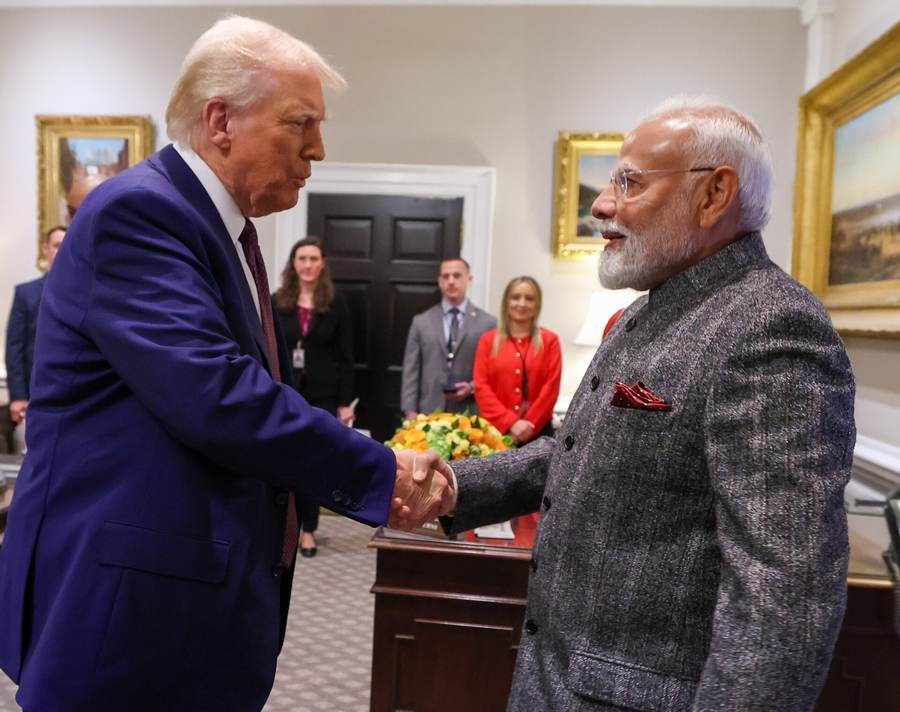 Donald Trump greets Narendra Modi during talks linked to India US trade and tariff negotiations