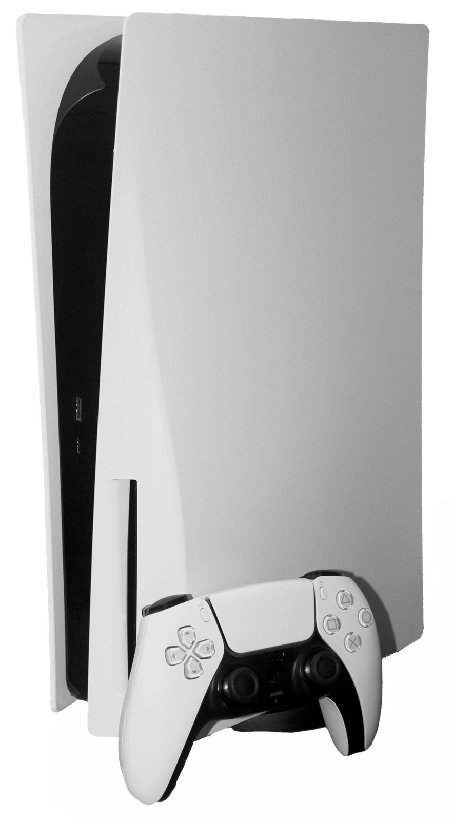 Black and white standard PS5 base edition with controller illustrating QSSR vs PSSR hardware tiers