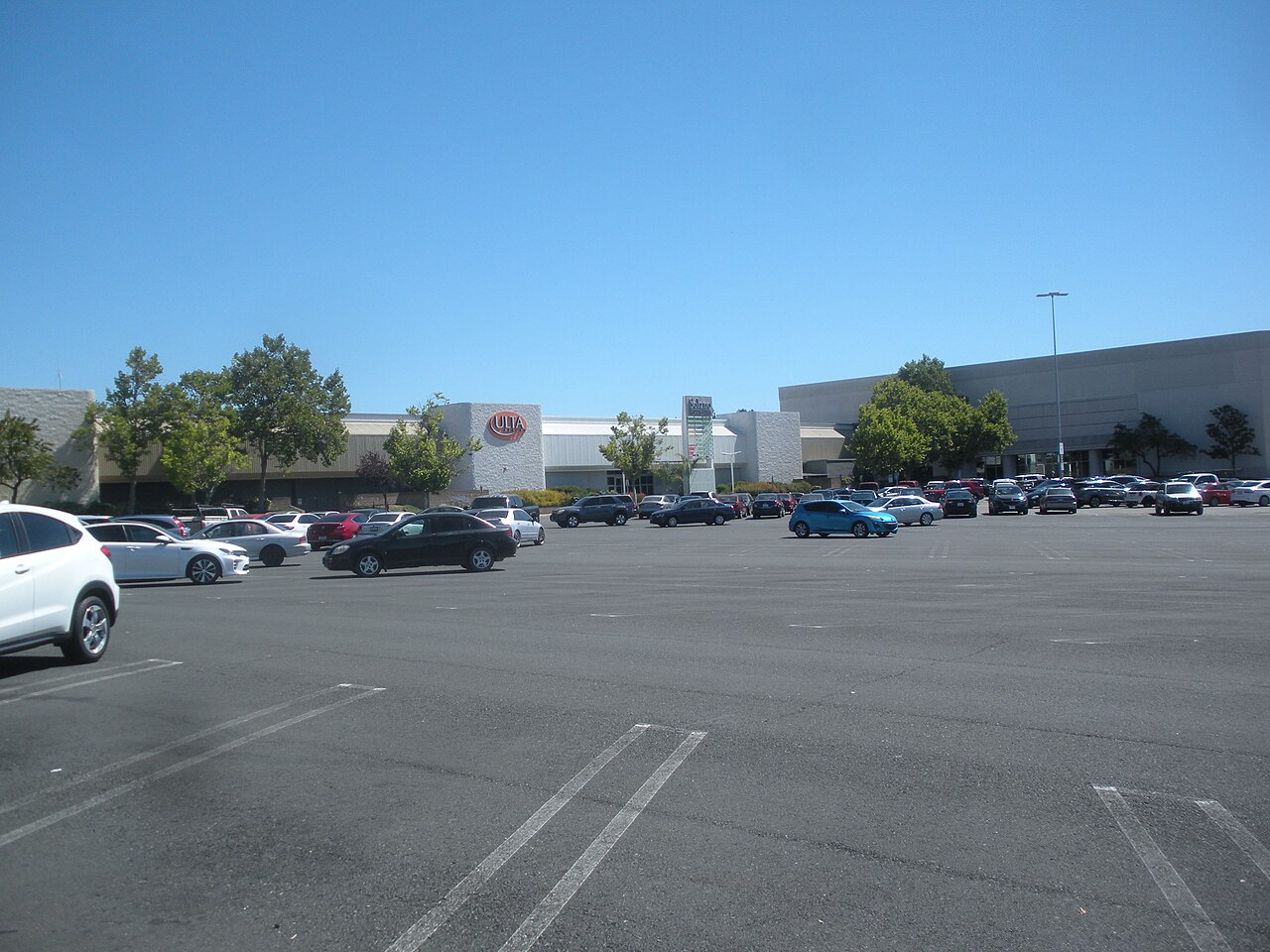 Solano Town Center mall in Fairfield, California, seen from its parking lot — the mall where the Fairfield Spirit Halloween shooting left one dead and six wounded
