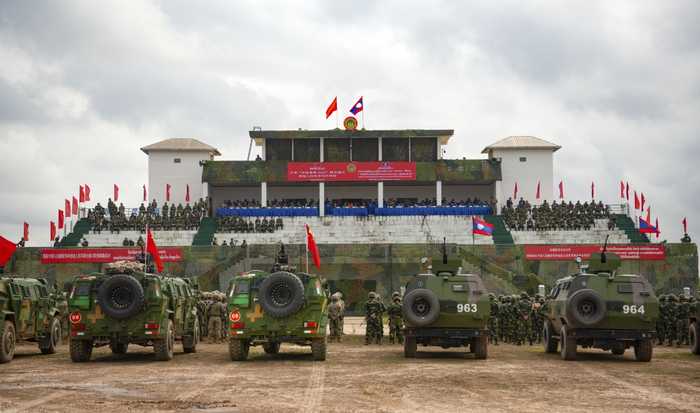 Chinese and Lao troops at the Friendship Shield 2023 joint military exercise closing ceremony
