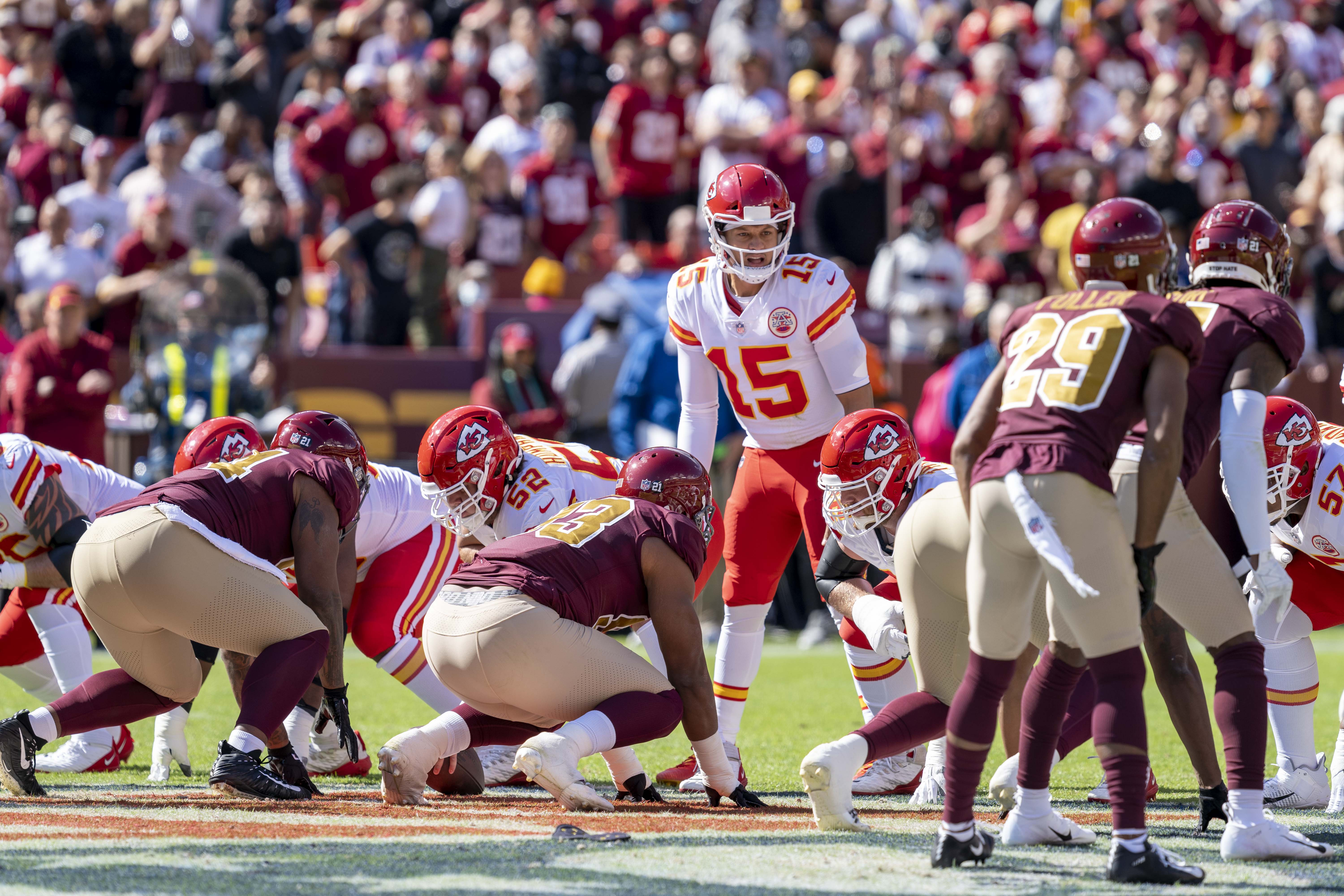 Patrick Mahomes stats today — Kansas City Chiefs quarterback at the line of scrimmage