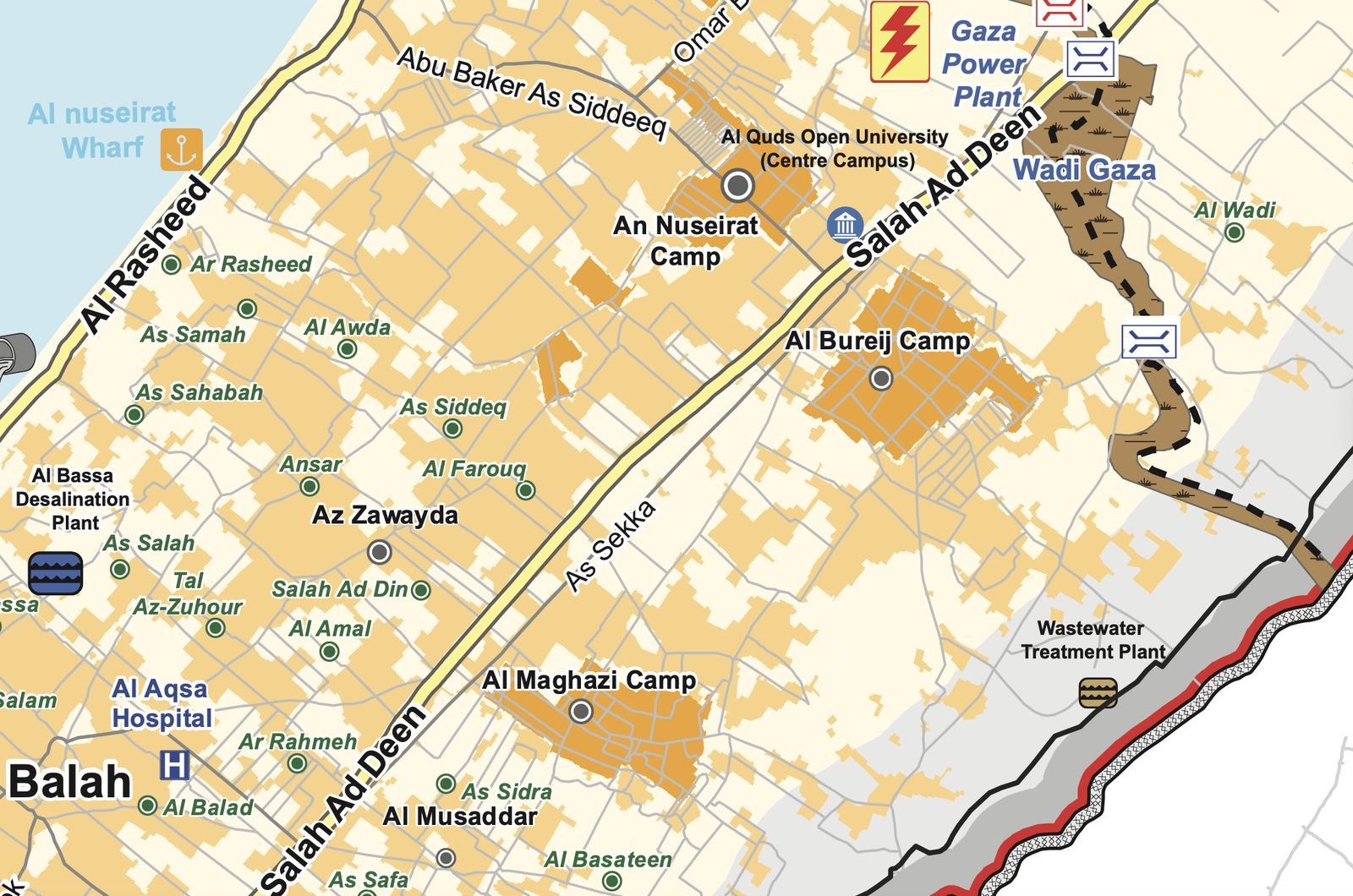 Map of Nuseirat, Maghazi and Bureij refugee camps in central Gaza