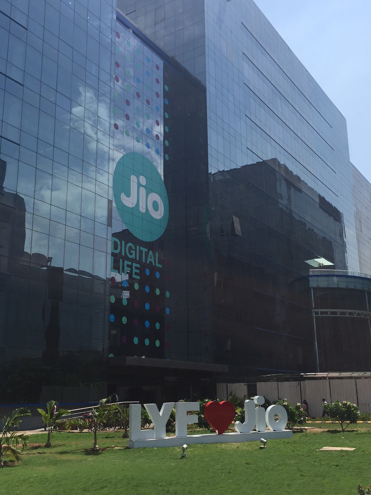 Jio headquarters building in Navi Mumbai with the Jio Digital Life sign, as the Jio Platforms IPO opens for subscription