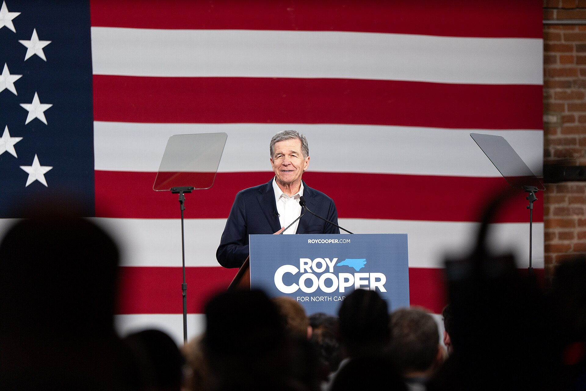 Roy Cooper, who leads the North Carolina Senate race 2026 polling, at a campaign rally in Durham