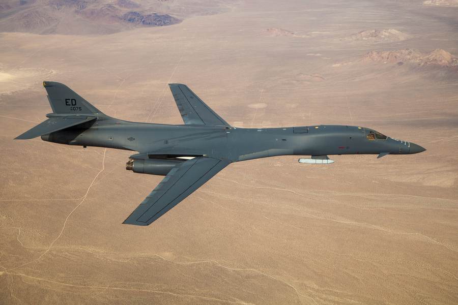 A US Air Force B-1B Lancer bomber in flight — B-1 bombers based at RAF Fairford have been flying missions against Iran during the war