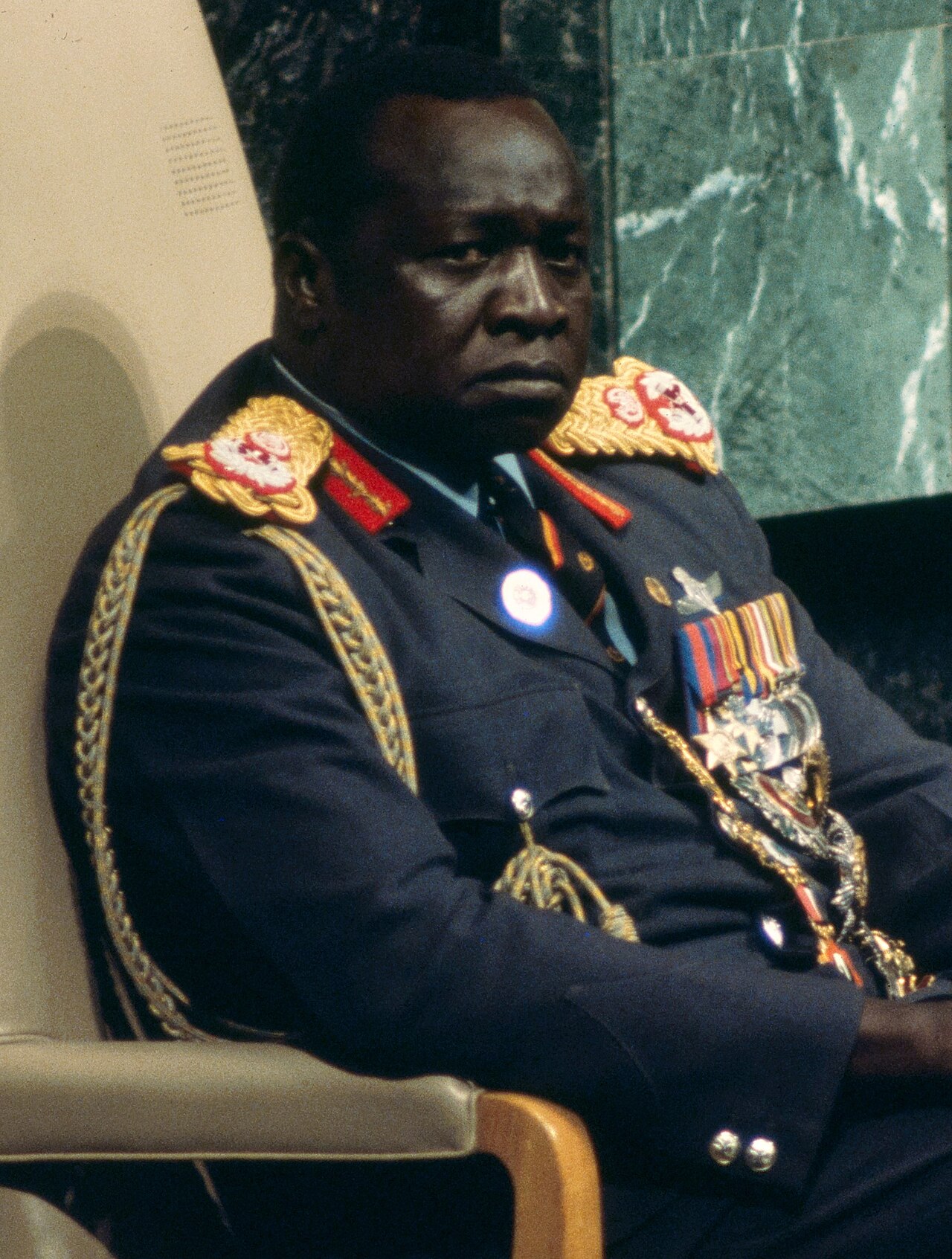 Idi Amin at the United Nations in 1975, grandfather of boxer Aziz Abdul, wearing field marshal uniform with medals