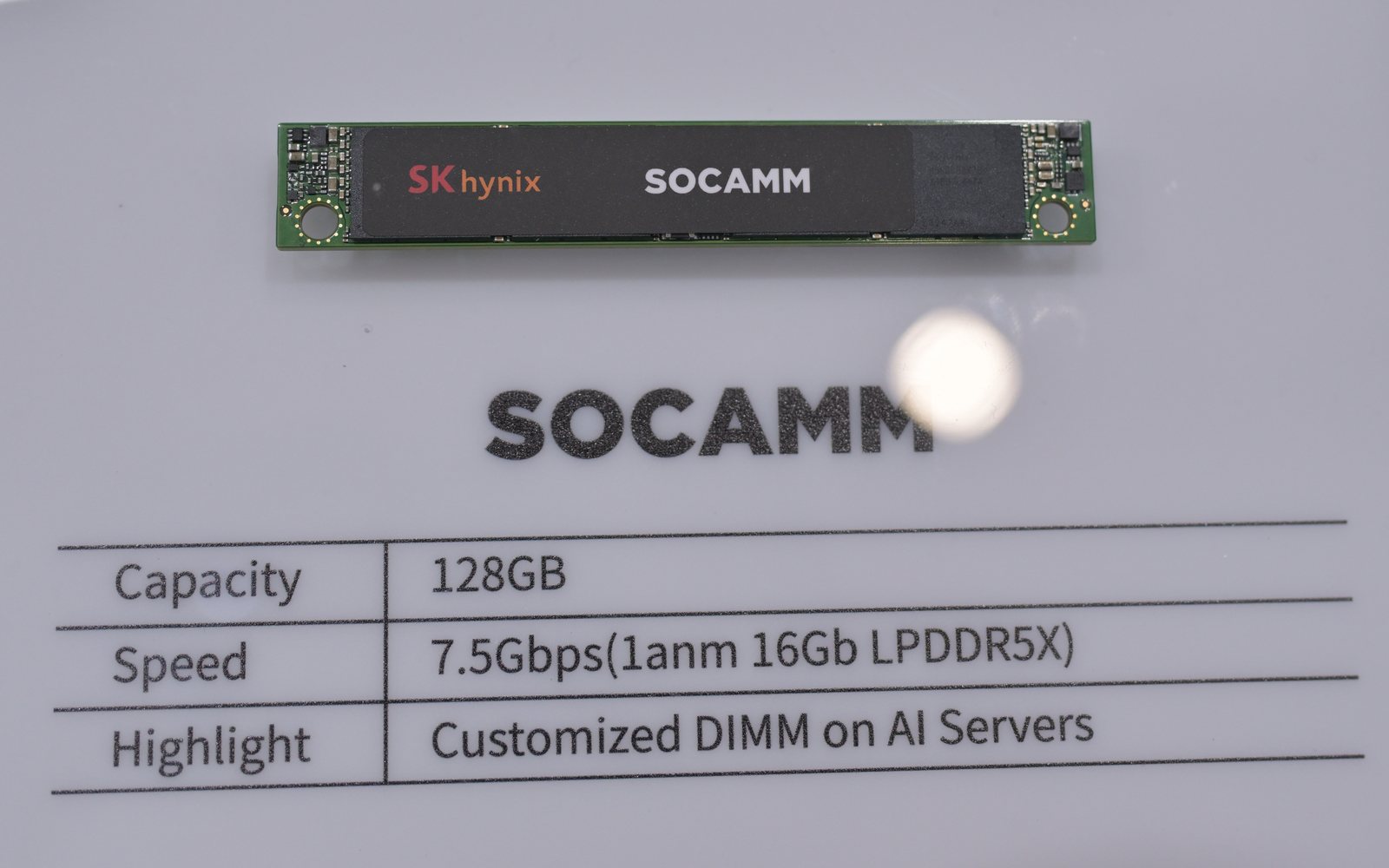 An SK hynix SOCAMM2 low-power memory module displayed at Computex 2025, the company’s LPDDR-based module for AI servers